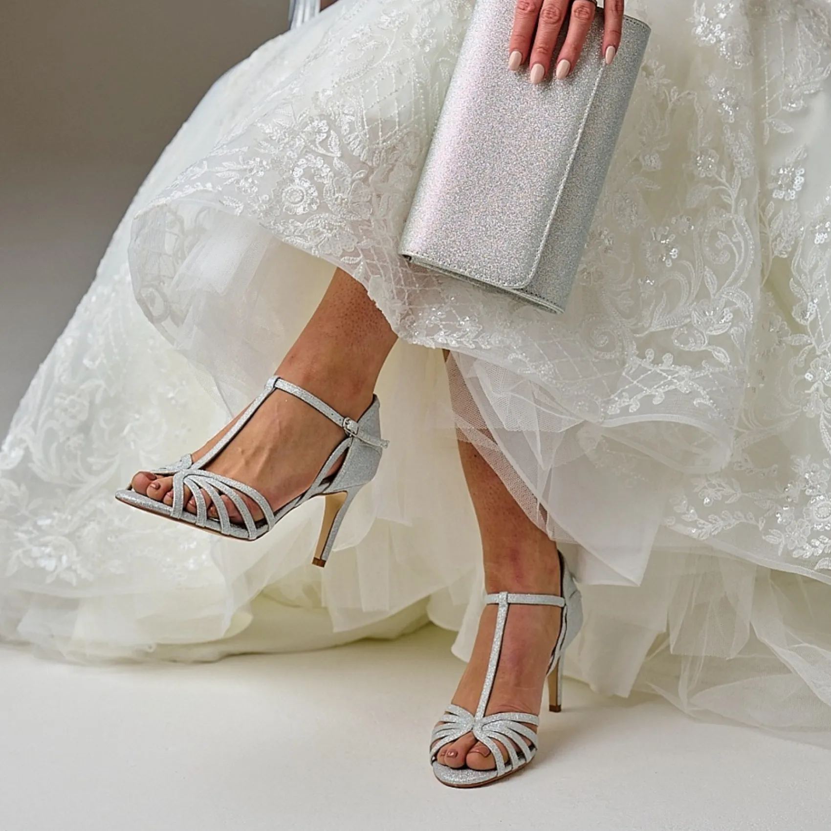 Perfect Bridal Party Shoes | Wedding Guest Shoes*Bryony Glitter Strappy T-Bar Sandals Silver