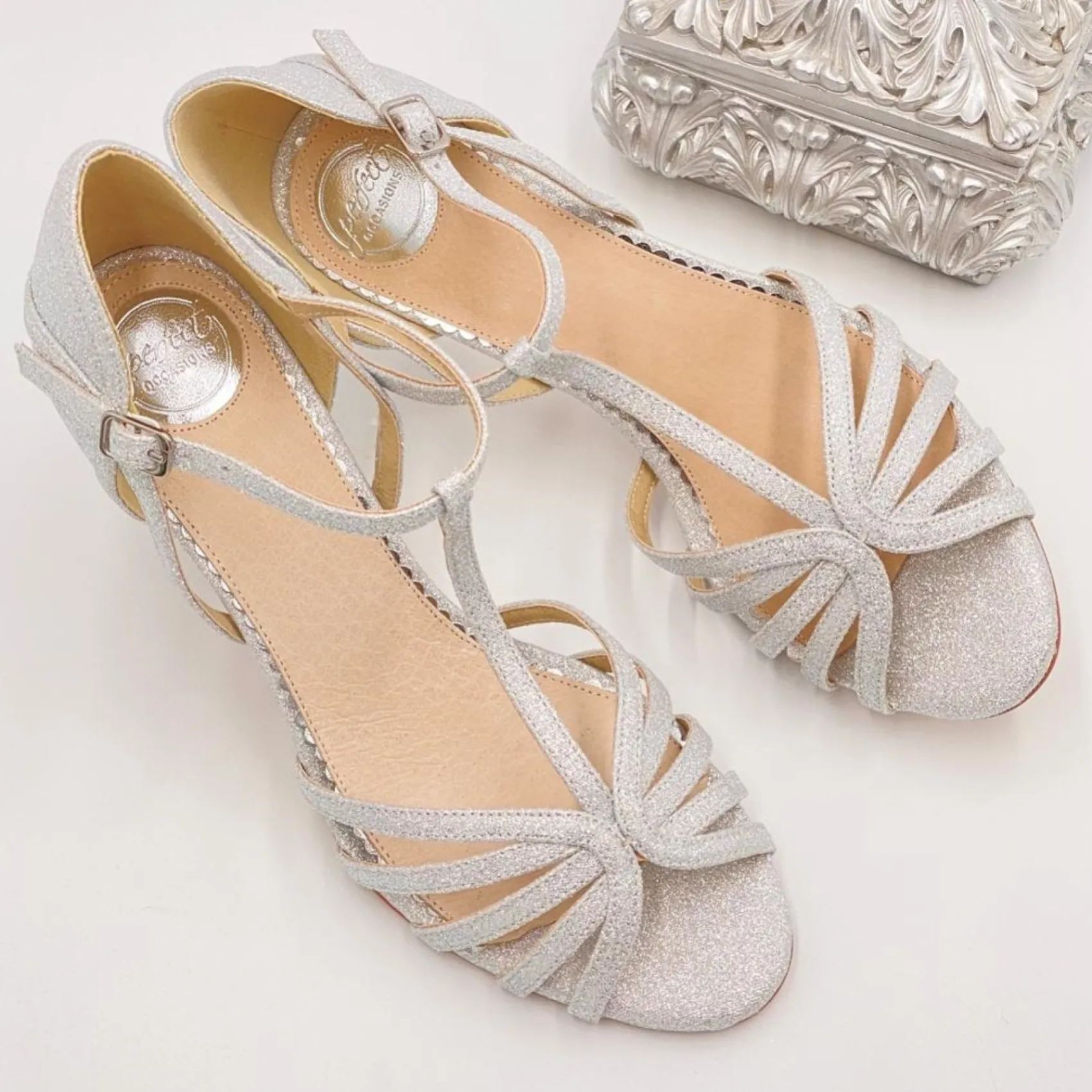 Perfect Bridal Party Shoes | Wedding Guest Shoes*Bryony Glitter Strappy T-Bar Sandals Silver