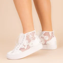 Perfect Bridal Wedding Shoes | Lace Wedding Shoes*Cameron Floral Lace High Top Platform Trainers Ivory