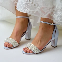 Perfect Bridal Wedding Guest Shoes | Bridesmaid Shoes*Carrie Blue Satin Pearl Block Heel Sandals Pale Blue