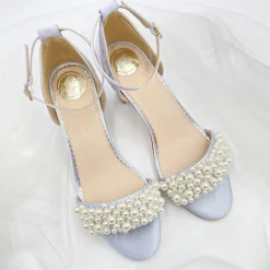 Perfect Bridal Wedding Guest Shoes | Bridesmaid Shoes*Carrie Blue Satin Pearl Block Heel Sandals Pale Blue