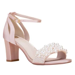 Perfect Bridal Prom Sandals | Pink Prom Shoes*Carrie Blush Satin Pearl Block Heel Sandals Blush Pink