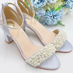 Perfect Bridal Wedding Guest Shoes | Bridesmaid Shoes*Carrie Blue Satin Pearl Block Heel Sandals Pale Blue