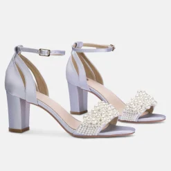 Perfect Bridal Wedding Guest Shoes | Bridesmaid Shoes*Carrie Blue Satin Pearl Block Heel Sandals Pale Blue