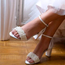 Perfect Bridal Wedding Shoes | Mid Heel*Carrie Satin Pearl Block Heel Bridal Sandals Ivory