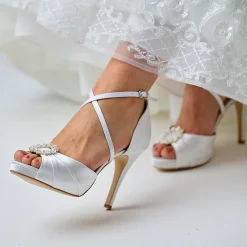 Perfect Bridal Wedding Shoes | High Heel*Charlotte Satin Pearl Brooch Platform Sandals Ivory
