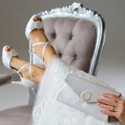 Perfect Bridal Wedding Shoes | High Heel*Charlotte Satin Pearl Brooch Platform Sandals Ivory