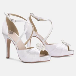 Perfect Bridal Wedding Shoes | High Heel*Charlotte Satin Pearl Brooch Platform Sandals Ivory
