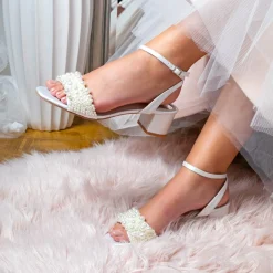 Perfect Bridal Bridesmaid Shoes | Wedding Shoes*Claire Satin Pearl Low Block Heel Sandals Ivory