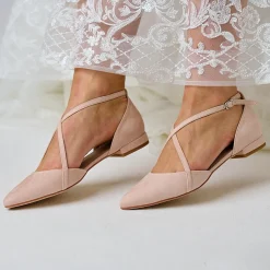 Perfect Bridal Mother Of The Bride Shoes | Bridesmaid Shoes*Davina Suede Cross Strap Pointed Ballet Flats Blush