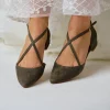 Perfect Bridal Wedding Guest Shoes | Mother Of The Bride Shoes*Davina Suede Cross Strap Pointed Ballet Fla Olive Green