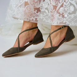 Perfect Bridal Wedding Guest Shoes | Mother Of The Bride Shoes*Davina Suede Cross Strap Pointed Ballet Fla Olive Green