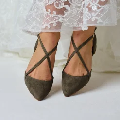 Perfect Bridal Wedding Guest Shoes | Mother Of The Bride Shoes*Davina Suede Cross Strap Pointed Ballet Fla Olive Green