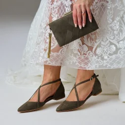 Perfect Bridal Wedding Guest Shoes | Mother Of The Bride Shoes*Davina Suede Cross Strap Pointed Ballet Fla Olive Green