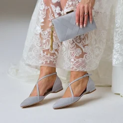 Perfect Bridal Wedding Guest Shoes | Mother Of The Bride Shoes*Davina Suede Cross Strap Pointed Ballet Flats Stone