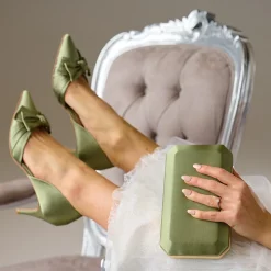 Perfect Bridal Prom Bags | Wedding Guest Bags*Ebony Satin Box Clutch Bag Olive Green