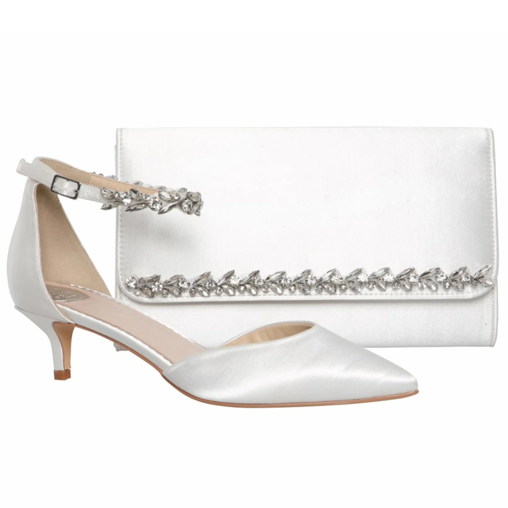 Perfect Bridal Wedding Shoes | Low Heel*Eliza Satin Embellished Ankle Strap Kitten Heels Ivory