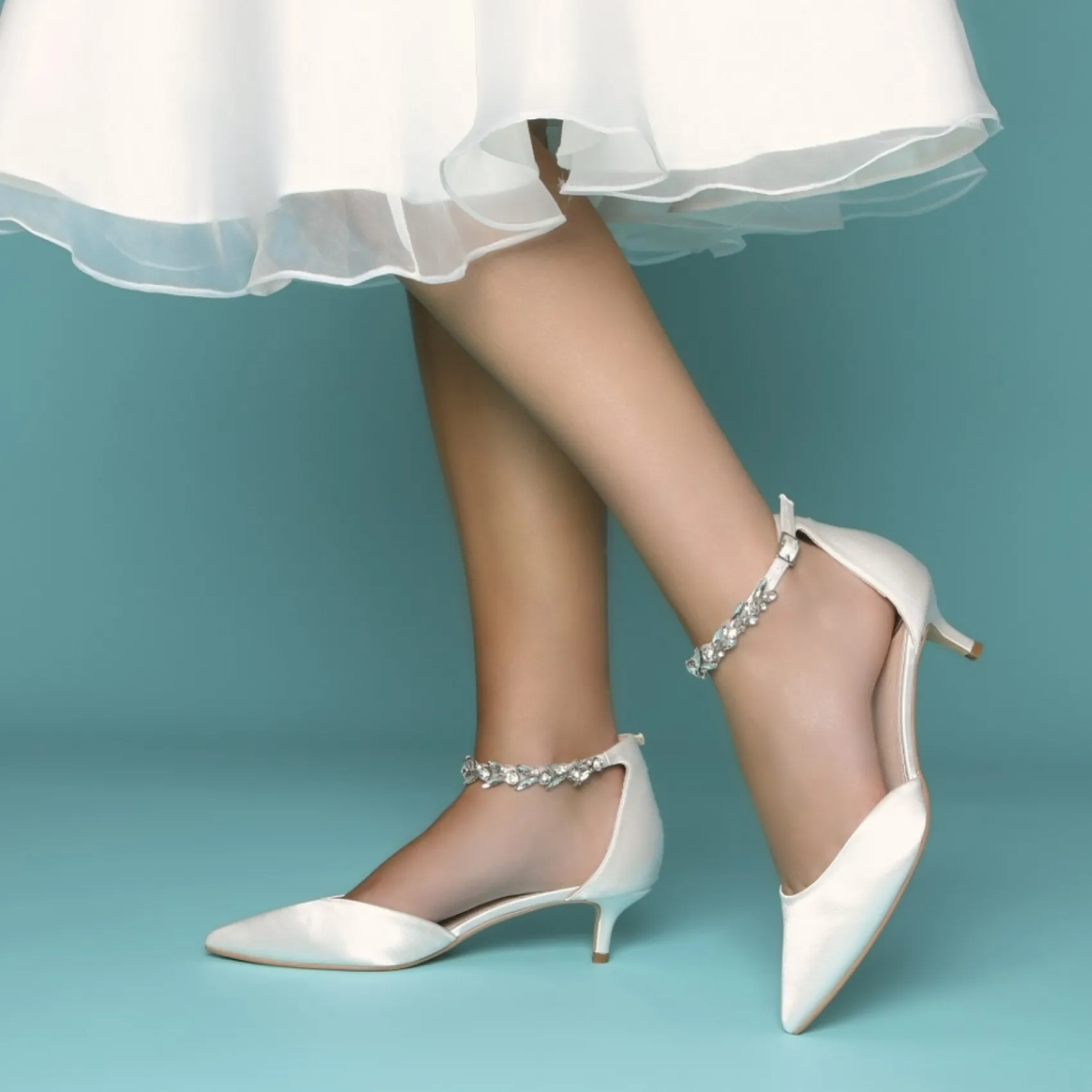 Perfect Bridal Wedding Shoes | Low Heel*Eliza Satin Embellished Ankle Strap Kitten Heels Ivory