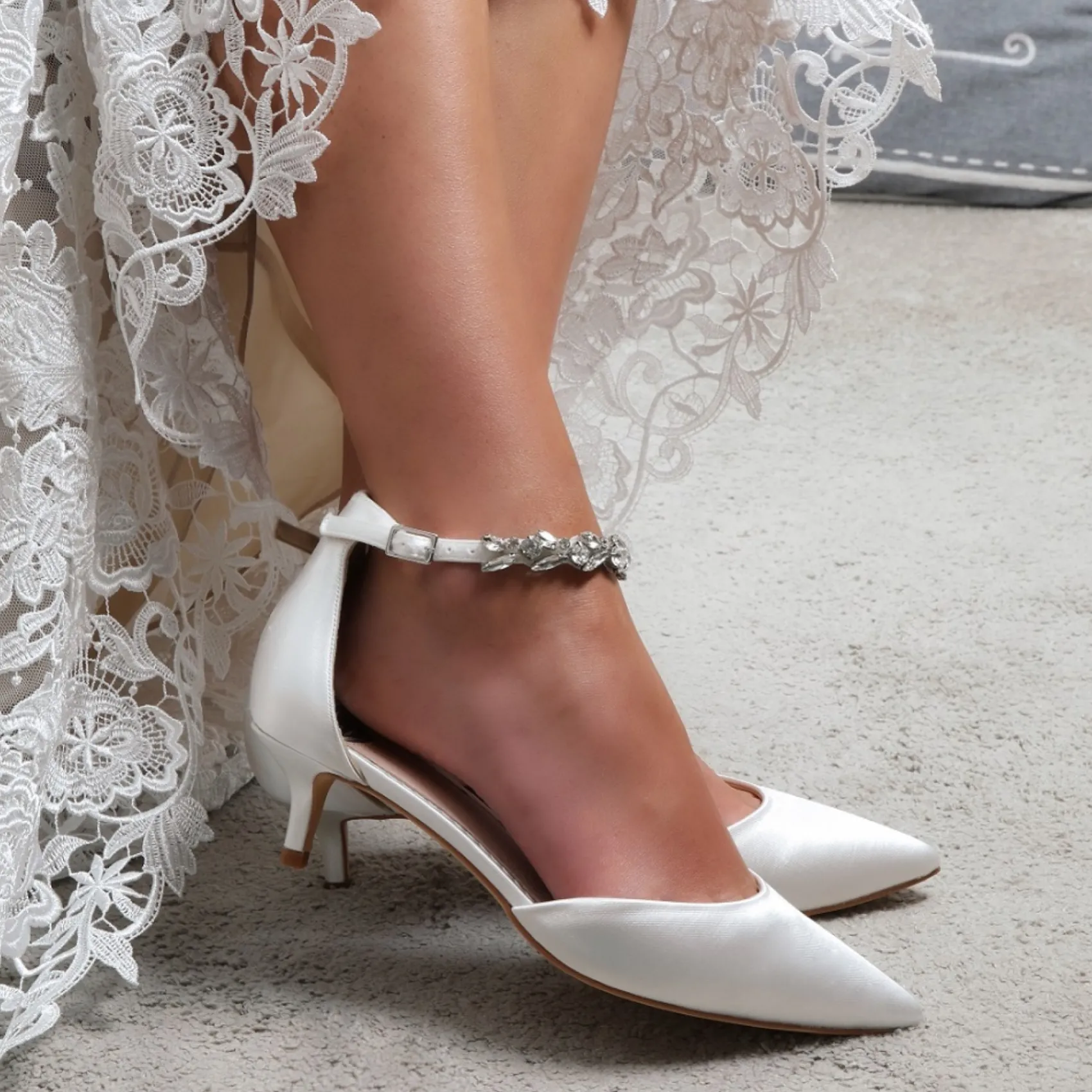 Perfect Bridal Wedding Shoes | Low Heel*Eliza Satin Embellished Ankle Strap Kitten Heels Ivory