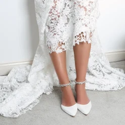 Perfect Bridal Wedding Shoes | Low Heel*Eliza Satin Embellished Ankle Strap Kitten Heels Ivory