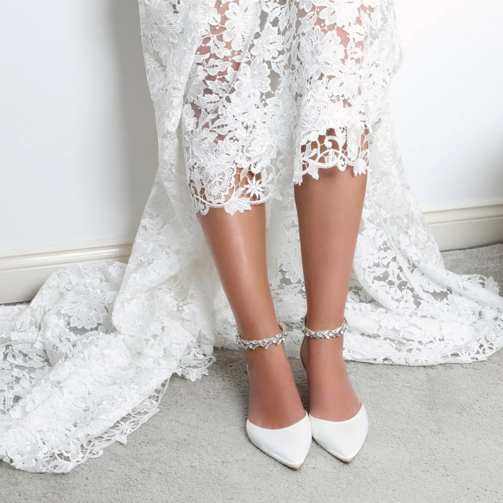 Perfect Bridal Wedding Shoes | Low Heel*Eliza Satin Embellished Ankle Strap Kitten Heels Ivory