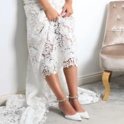Perfect Bridal Wedding Shoes | Low Heel*Eliza Satin Embellished Ankle Strap Kitten Heels Ivory
