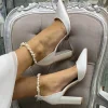 Perfect Bridal Wedding Shoes | High Heel*Ella Block Satin Keshi Pearl Ankle Strap Shoes Ivory