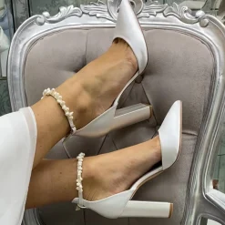 Perfect Bridal Wedding Shoes | High Heel*Ella Block Satin Keshi Pearl Ankle Strap Shoes Ivory