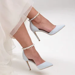 Perfect Bridal Wedding Guest Shoes | Wedding Shoes*Ella Suede Keshi Pearl Ankle Strap Court Shoes Blue