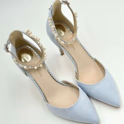 Perfect Bridal Wedding Guest Shoes | Wedding Shoes*Ella Suede Keshi Pearl Ankle Strap Court Shoes Blue