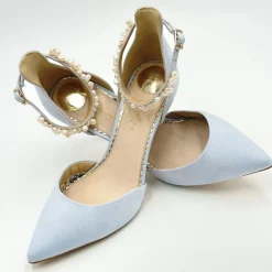 Perfect Bridal Wedding Guest Shoes | Wedding Shoes*Ella Suede Keshi Pearl Ankle Strap Court Shoes Blue