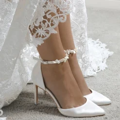 Perfect Bridal Wedding Shoes | Shoes For Dyeing*Ella Satin Keshi Pearl Ankle Strap Court Shoes Ivory