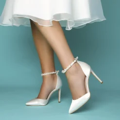 Perfect Bridal Wedding Shoes | Shoes For Dyeing*Ella Satin Keshi Pearl Ankle Strap Court Shoes Ivory