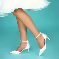 Perfect Bridal Wedding Shoes | Mid Heel*Ella Mid Dyeable Satin Keshi Pearl Ankle Strap Court Shoes Ivory