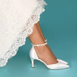 Perfect Bridal Wedding Shoes | Mid Heel*Ella Mid Dyeable Satin Keshi Pearl Ankle Strap Court Shoes Ivory