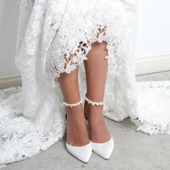 Perfect Bridal Wedding Shoes | Mid Heel*Ella Mid Dyeable Satin Keshi Pearl Ankle Strap Court Shoes Ivory
