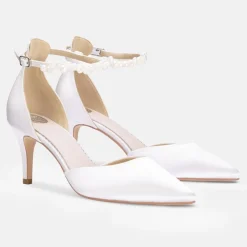 Perfect Bridal Wedding Shoes | Mid Heel*Ella Mid Dyeable Satin Keshi Pearl Ankle Strap Court Shoes Ivory