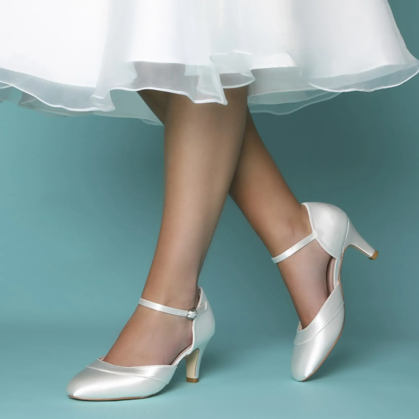 Perfect Bridal Wedding Shoes | Mid Heel*Elsa Dyeable Satin Ankle Strap Wedding Shoes Ivory