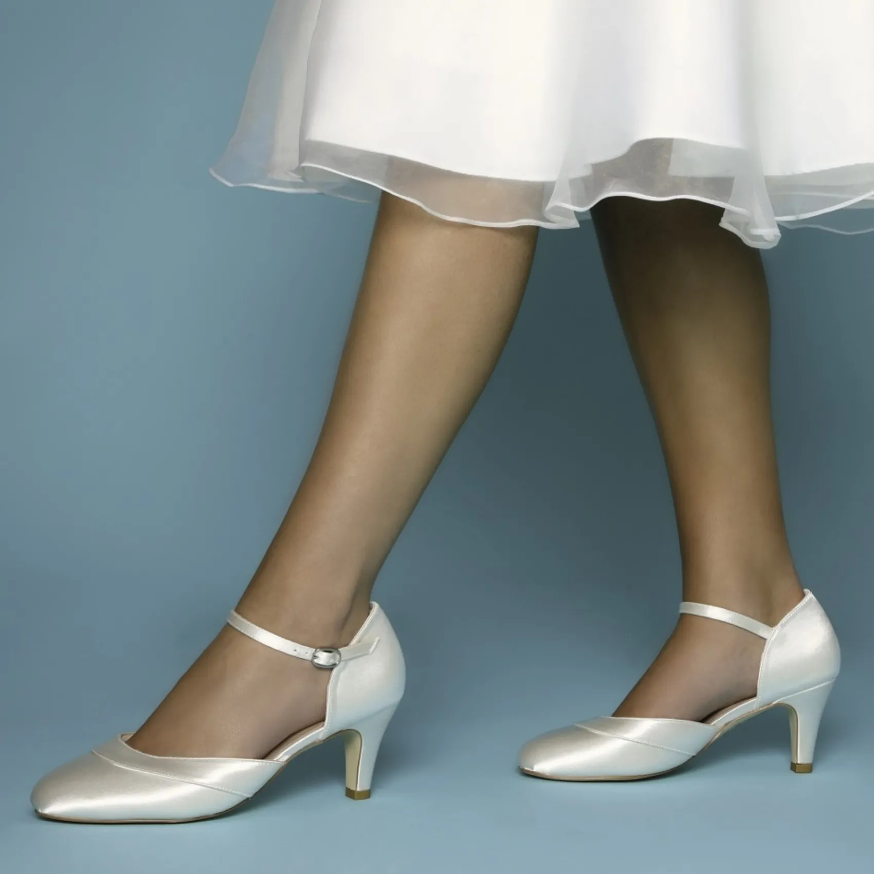 Perfect Bridal Wedding Shoes | Mid Heel*Elsa Dyeable Satin Ankle Strap Wedding Shoes Ivory