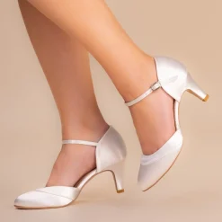 Perfect Bridal Wedding Shoes | Mid Heel*Elsa Satin Ankle Strap Wedding Shoes (Wide Fit) Ivory