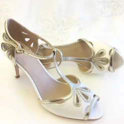 Perfect Bridal Wedding Guest Shoes | Wedding Shoes*Esme Dyeable Ivory Satin and Gold Shimmer T-Bar Shoes Ivory/ Gold