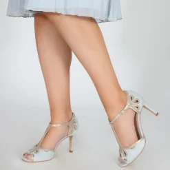 Perfect Bridal Wedding Guest Shoes | Mother Of The Bride Shoes*Esme Suede and Gold Shimmer T-Bar Shoes Pearl Grey