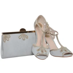 Perfect Bridal Wedding Guest Shoes | Mother Of The Bride Shoes*Esme Suede and Gold Shimmer T-Bar Shoes Pearl Grey