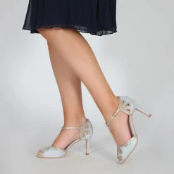 Perfect Bridal Wedding Guest Shoes | Mother Of The Bride Shoes*Esme Suede and Gold Shimmer T-Bar Shoes Pearl Grey