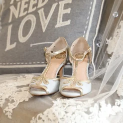 Perfect Bridal Wedding Guest Shoes | Mother Of The Bride Shoes*Esme Suede and Gold Shimmer T-Bar Shoes Pearl Grey