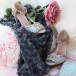 Perfect Bridal Wedding Guest Shoes | Mother Of The Bride Shoes*Esme Suede and Gold Shimmer T-Bar Shoes Pearl Grey