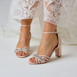 Perfect Bridal Sparkly Prom Shoes | Prom Sandals*Frankie Suede Crystal Strappy Block Heel Sandals Blush