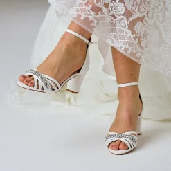 Perfect Bridal Sparkly Prom Shoes | White Prom Shoes*Frankie Suede Crystal Strappy Block Heel Sandals Ivory
