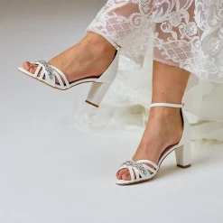 Perfect Bridal Sparkly Prom Shoes | White Prom Shoes*Frankie Suede Crystal Strappy Block Heel Sandals Ivory