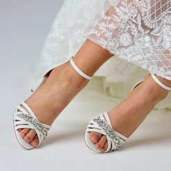 Perfect Bridal Sparkly Prom Shoes | White Prom Shoes*Frankie Suede Crystal Strappy Block Heel Sandals Ivory